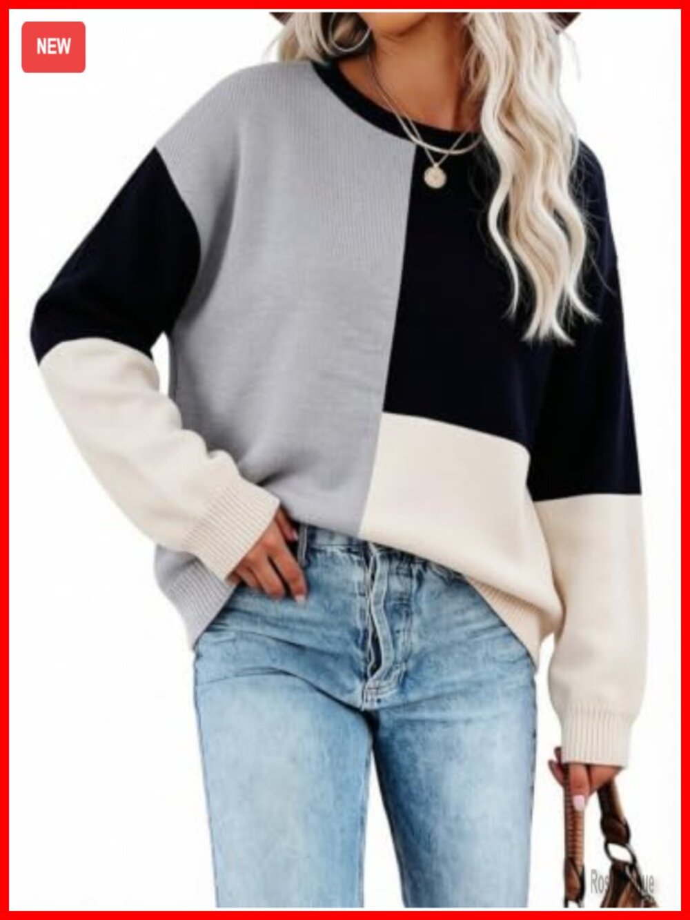 ECOWISH Women Long Sleeve Color Block Knit Pullover Sweater Crew Neck Loose